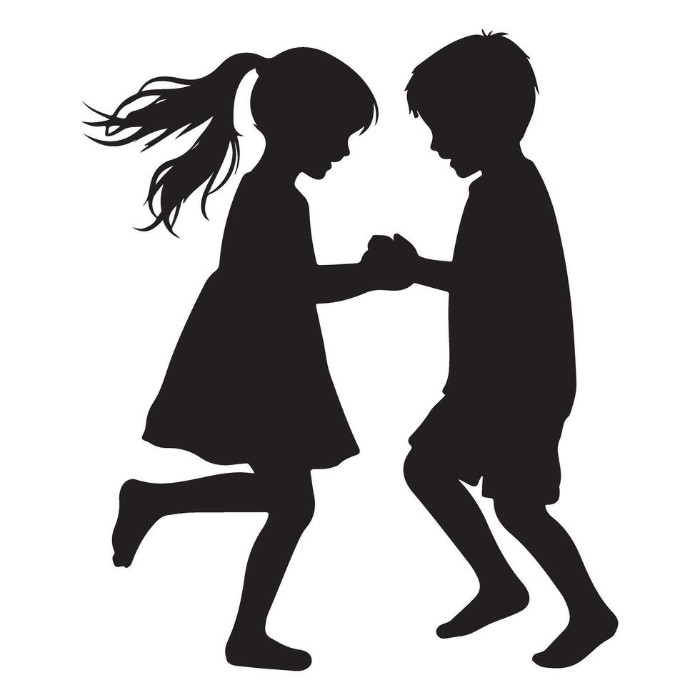 Silhouette Children Playing and Dancing Together in Friendship vector