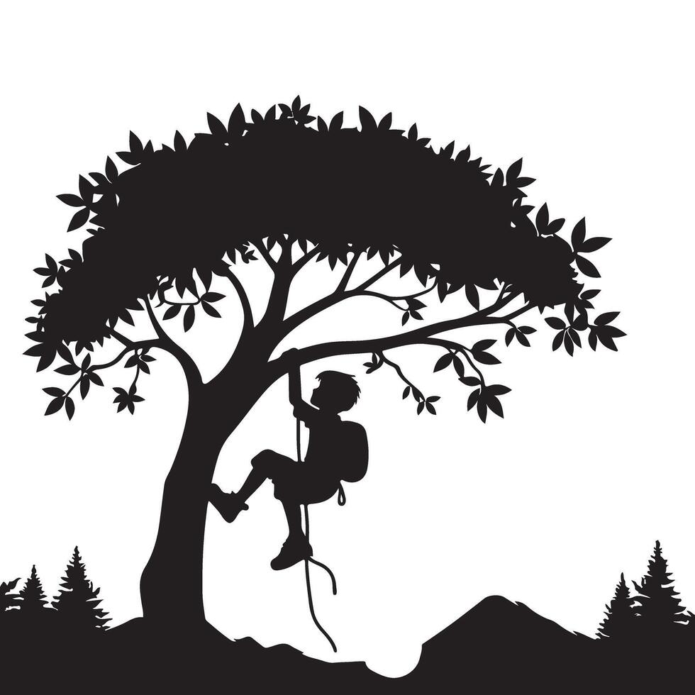 Silhouette art of a child climbing a tree outdoor vector