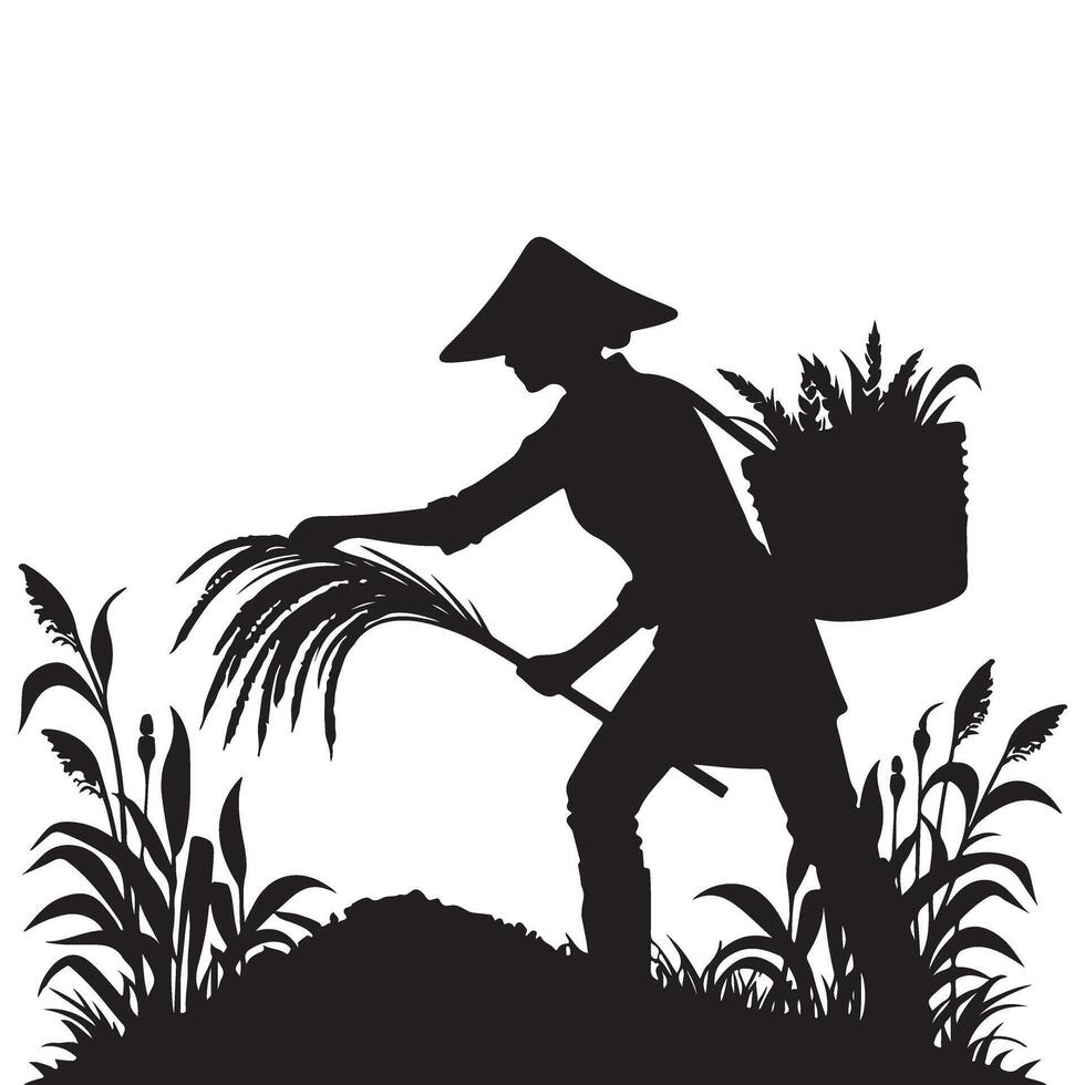 Silhouette of Asian Farmer Harvesting Rice in a Traditional Field vector
