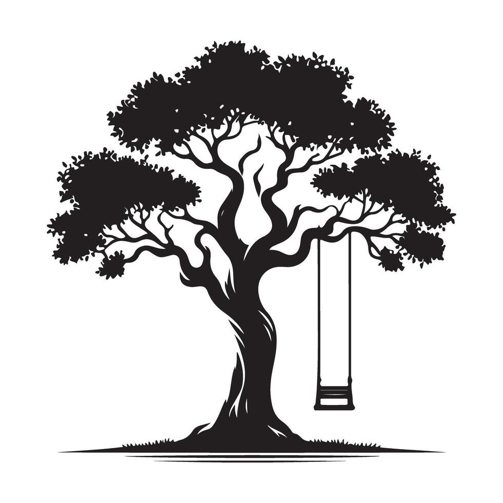 Silhouette Tree with Swing Illustration Peaceful Scene vector