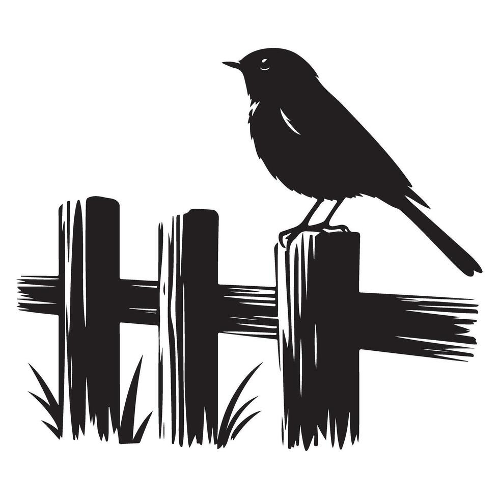 Silhouette Illustration Small Bird Perched On Wooden Fence vector