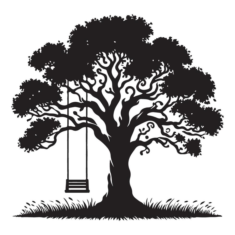 Whimsical Tree Swing Silhouette a Nostalgic Childhood Outdoor Scene vector