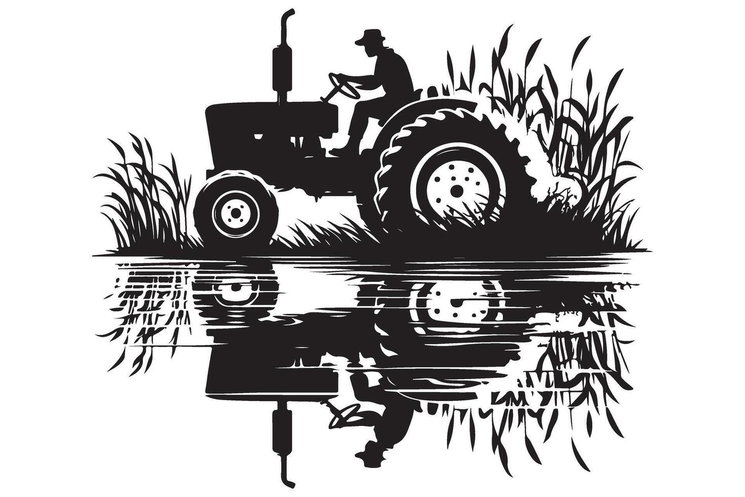 Silhouette Illustration Farmer Driving Tractor in Agriculture Field vector