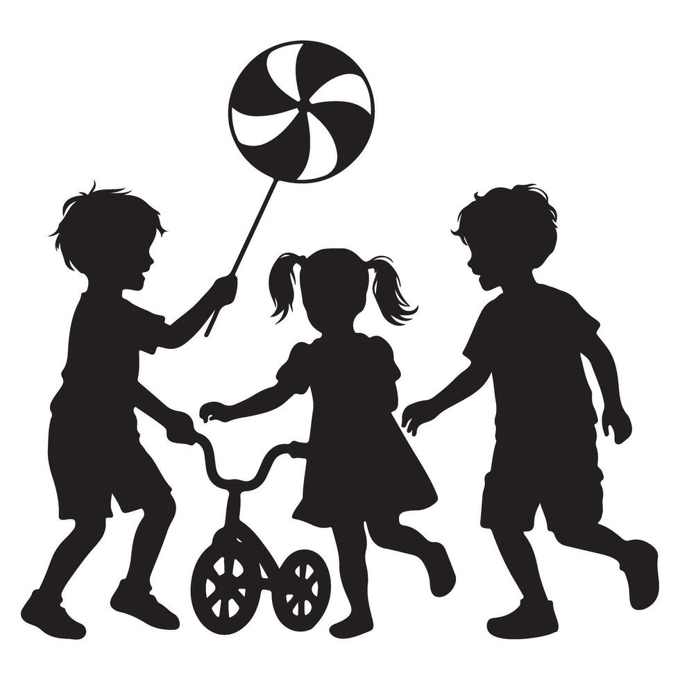 Children Playing Black Silhouette Illustration Art Fun Time vector