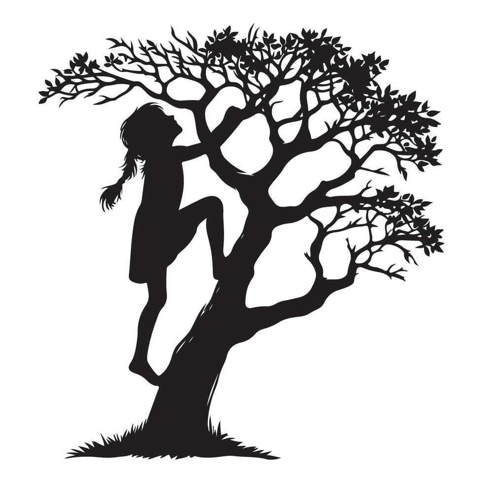 Silhouette of a Young Girl Climbing a Tree Artistic Illustration vector