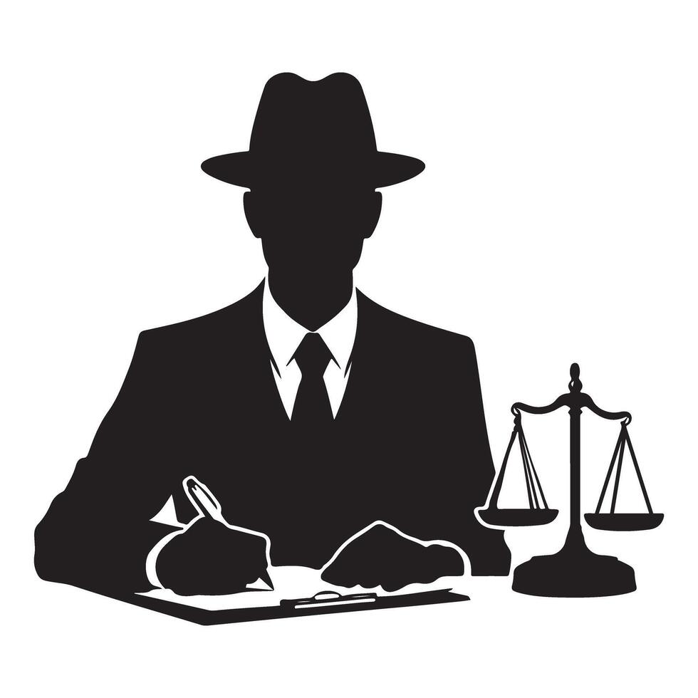 Silhouette illustration of lawyer with scales of justice and document vector