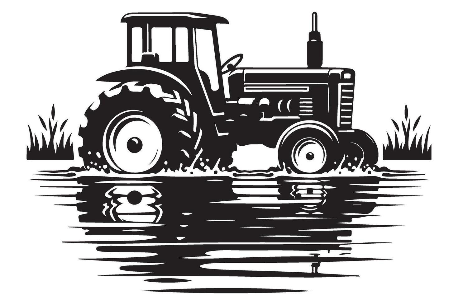 Tractor Plowing Water Silhouette Farm Vehicle Design vector
