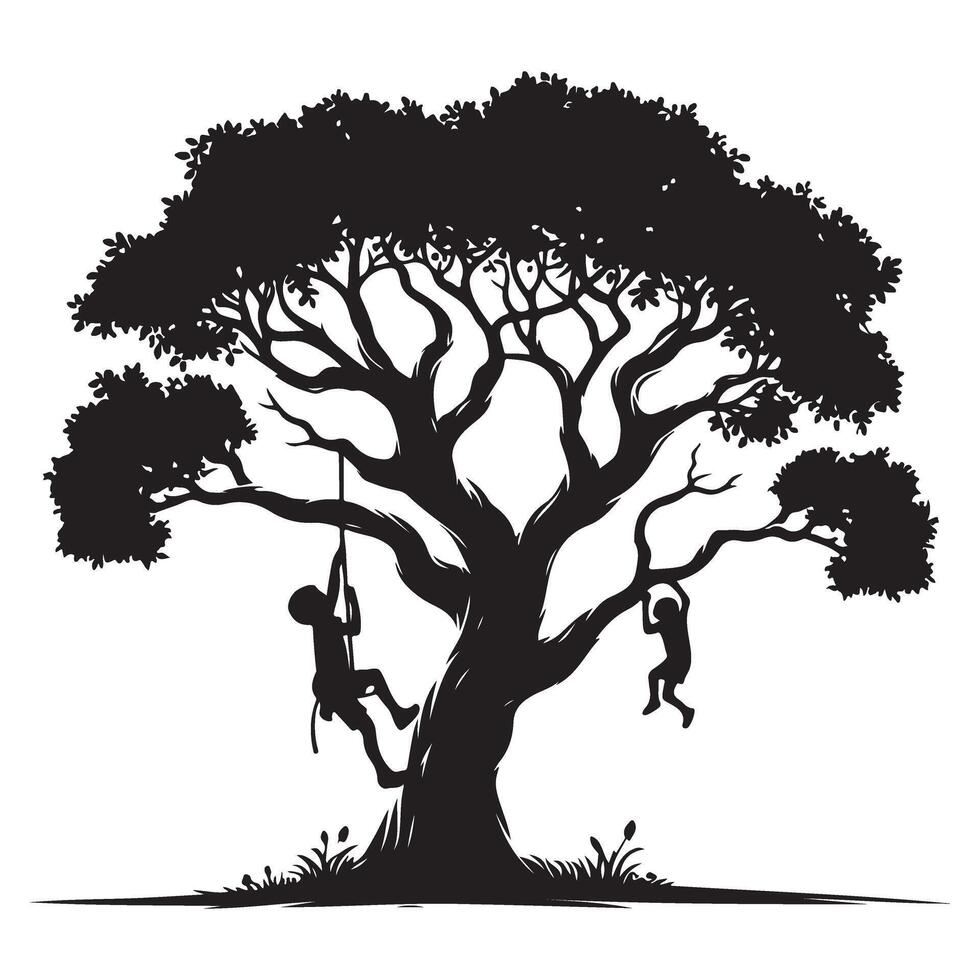 Silhouette children tree climbing rope swing playground illustration vector