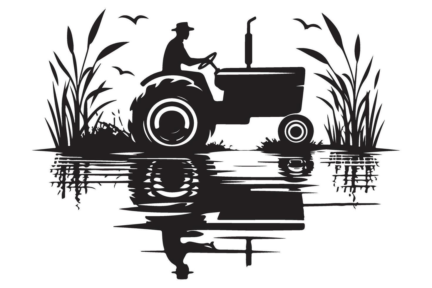 Silhouette Tractor on a Farm with Water Reflection Illustration vector