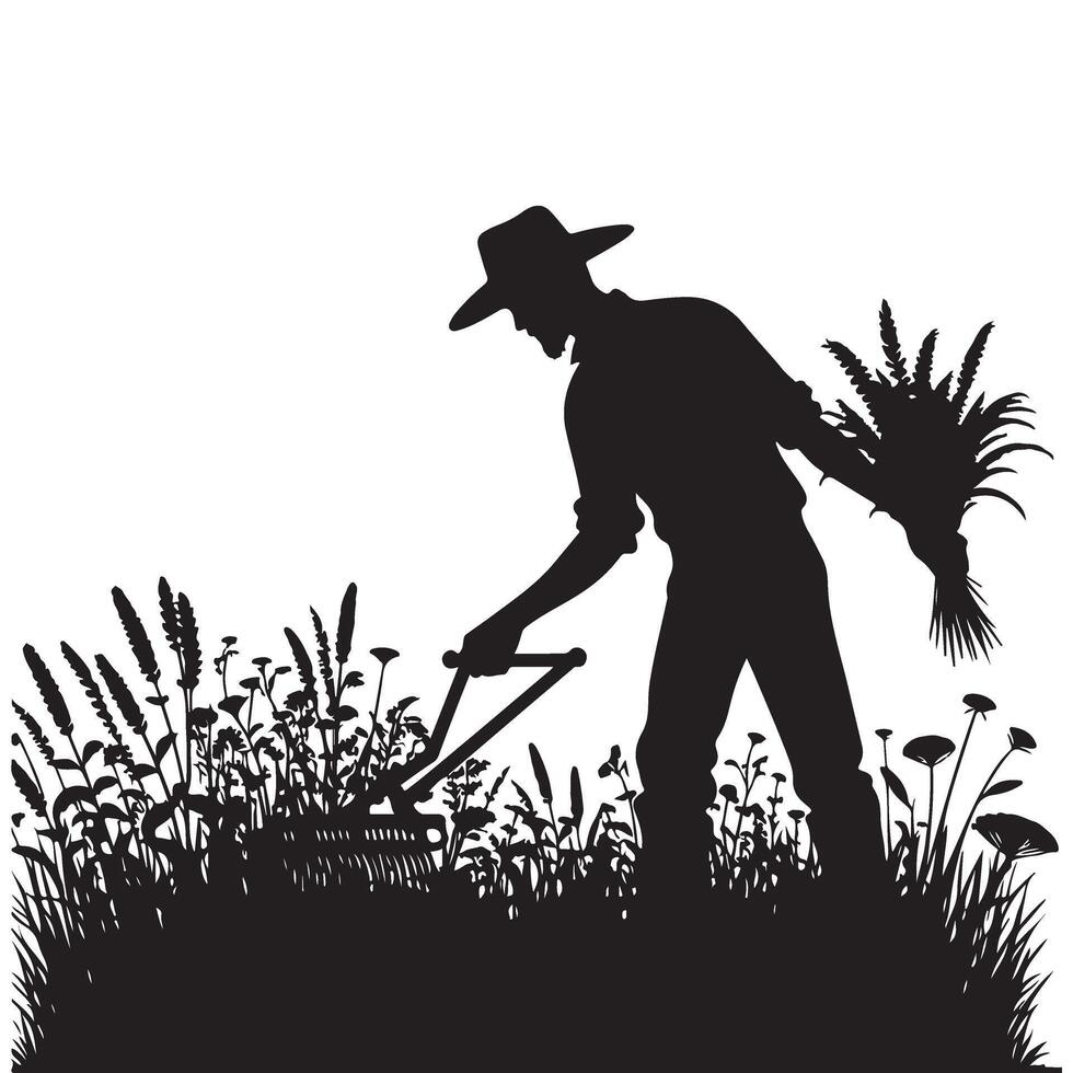 Silhouette Farmer Harvesting Wheat with Scythe Illustration Artwork vector
