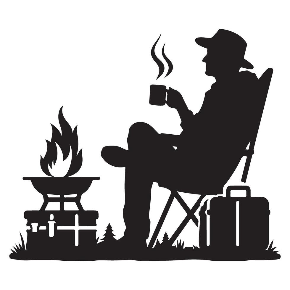 Camping Bonfire Silhouette Scene with Coffee and Suitcase Adventure vector