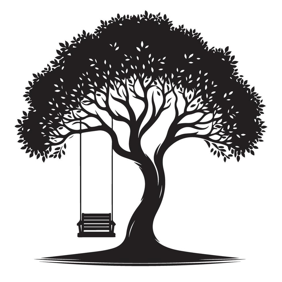 Silhouette tree with a swing hanging, art illustration vector