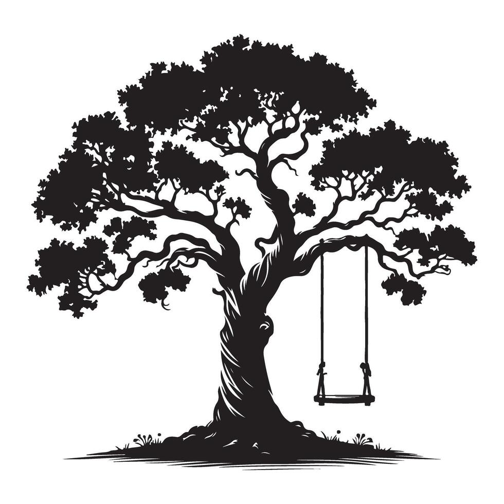 Silhouette of a Large Tree with a Swing Hanging Down vector