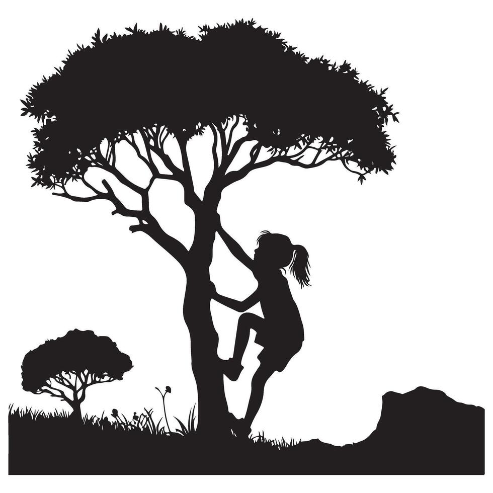 Silhouette Child Climbing Tree Nature Illustration Graphic vector