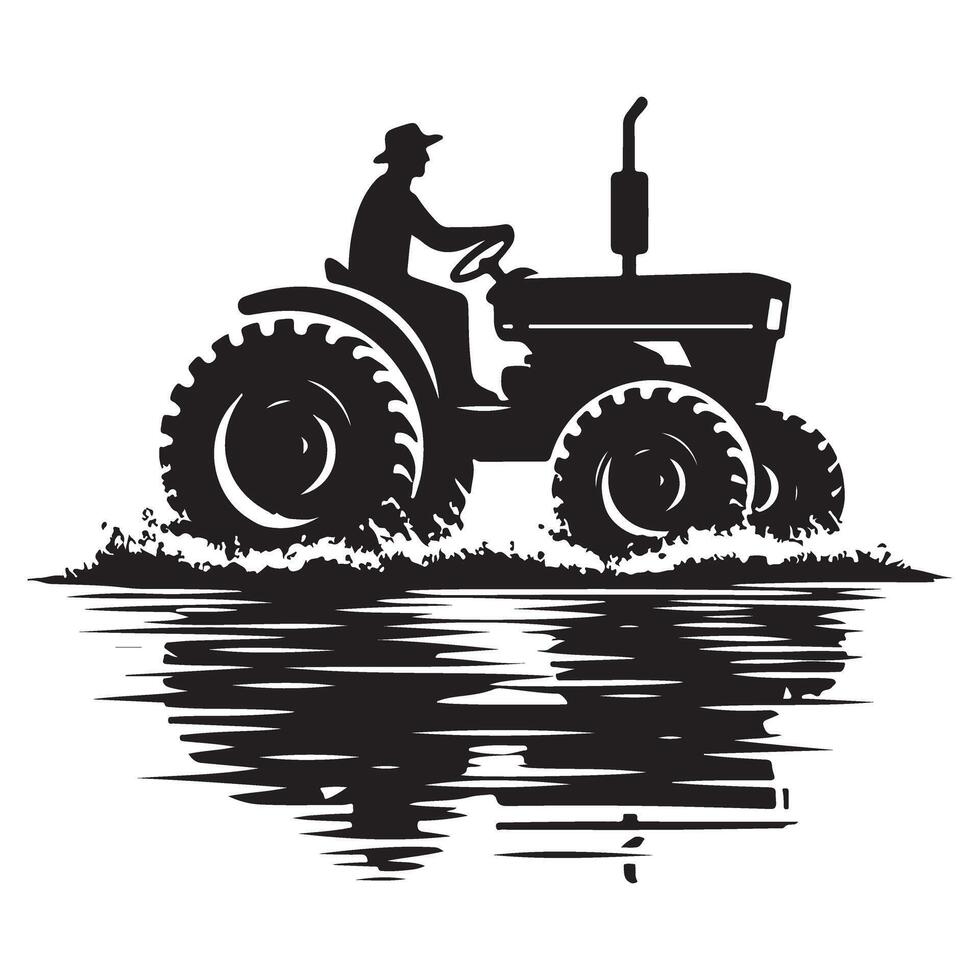 Black Tractor Silhouette Illustration Farmer Working on Field Reflection Art vector