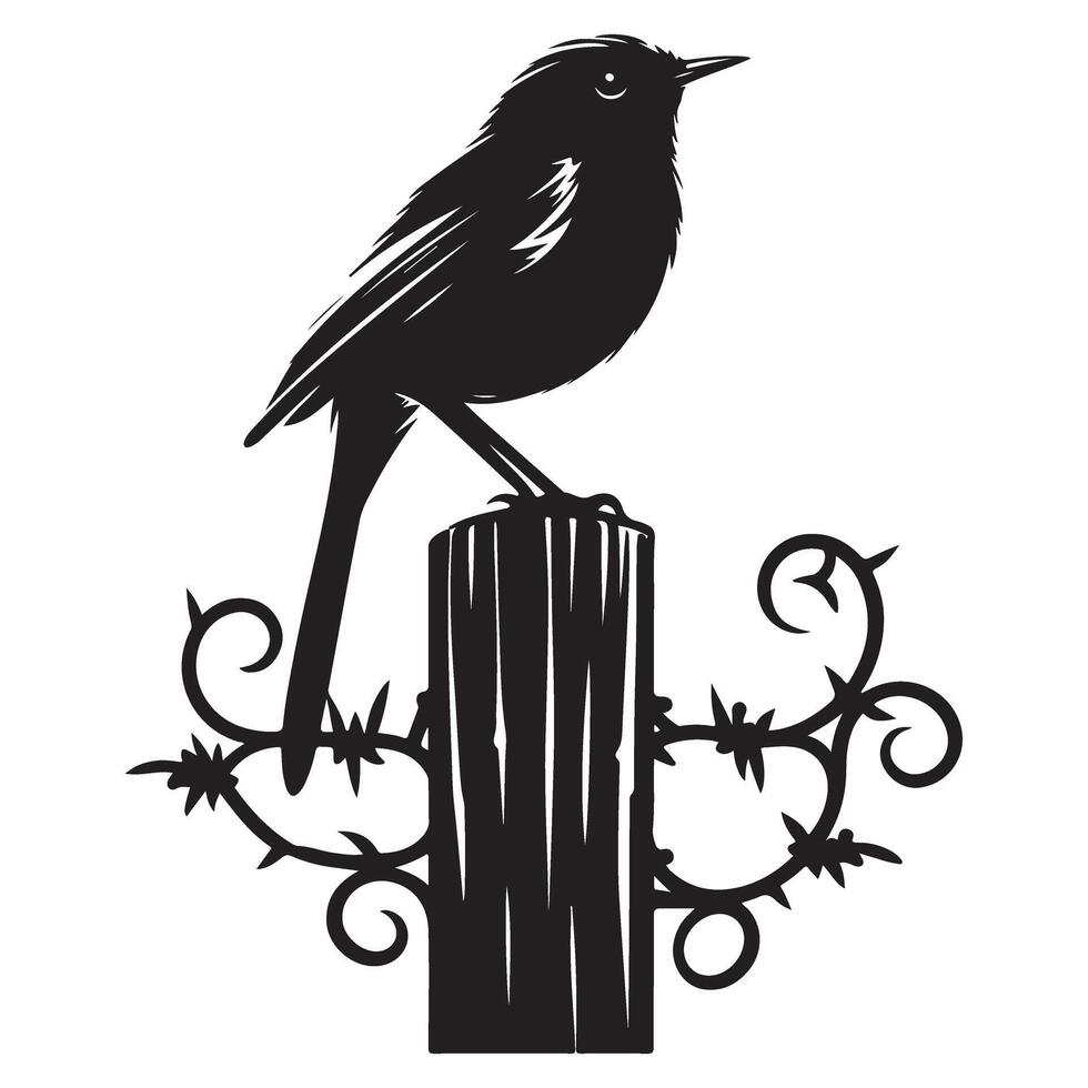 Silhouette bird perched on a barbed wire fence nature scene vector