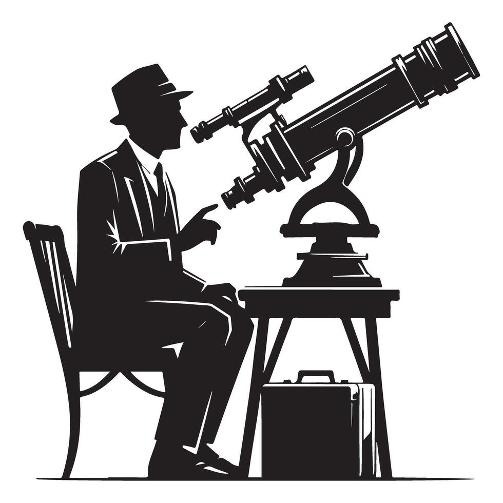 Astronomer Observing Sky Silhouette with Telescope Art vector