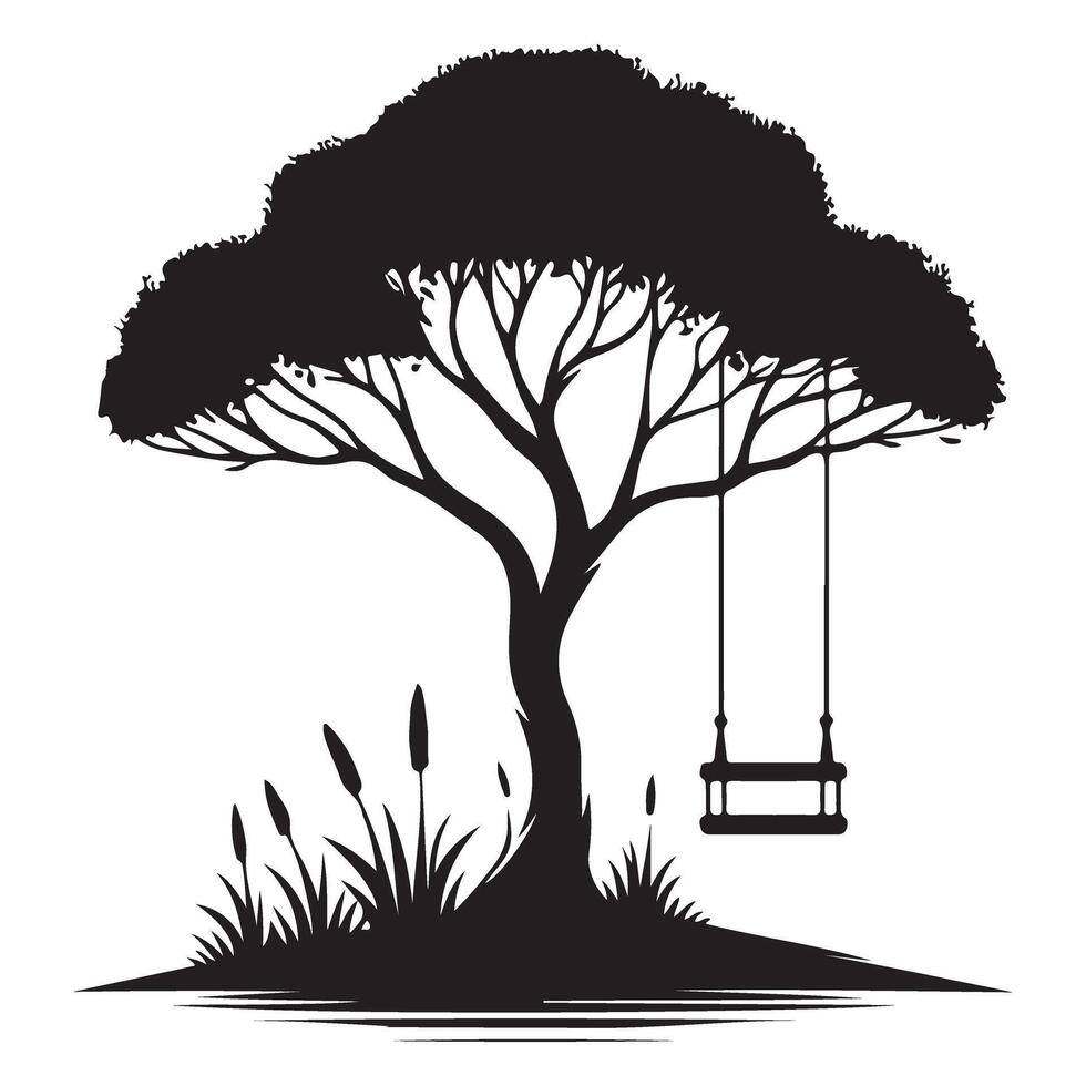 Tree with Swing Tranquil Silhouette Illustration of Childhood Memories vector