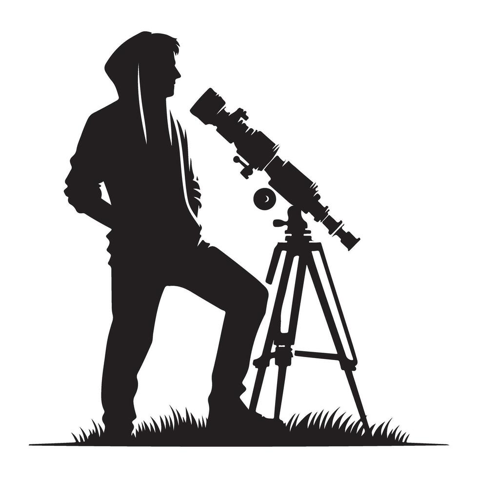 Hooded Astronomer with Telescope Silhouette Art Illustration vector