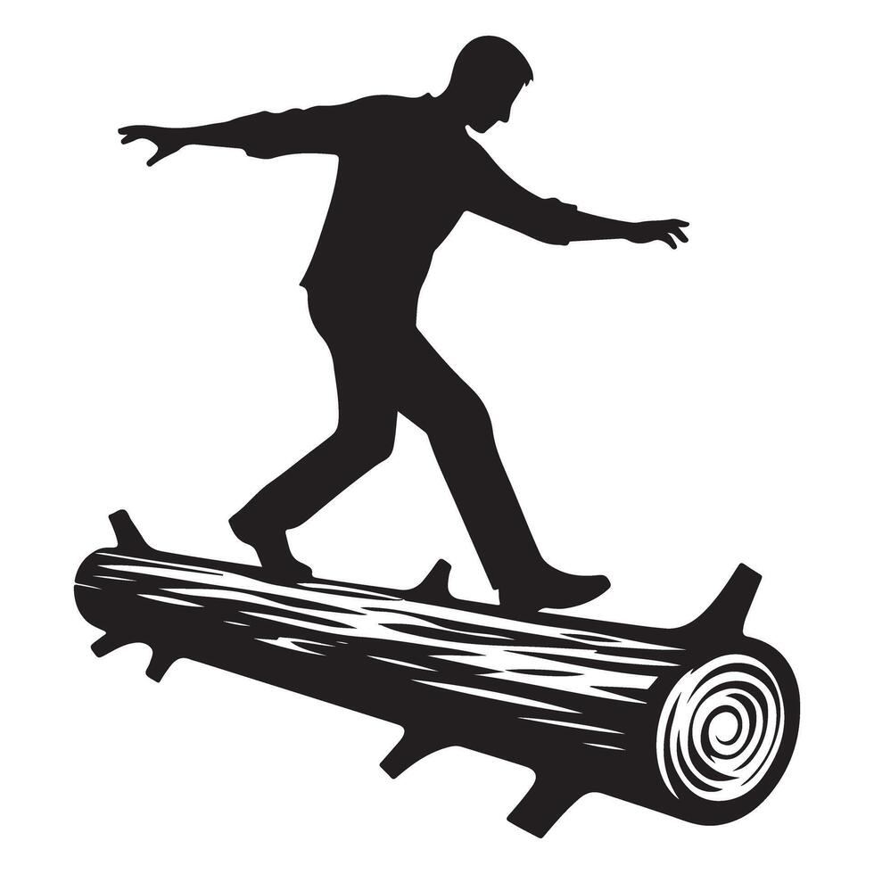 Man Silhouette Balancing on Log Outdoor Adventure Challenge vector