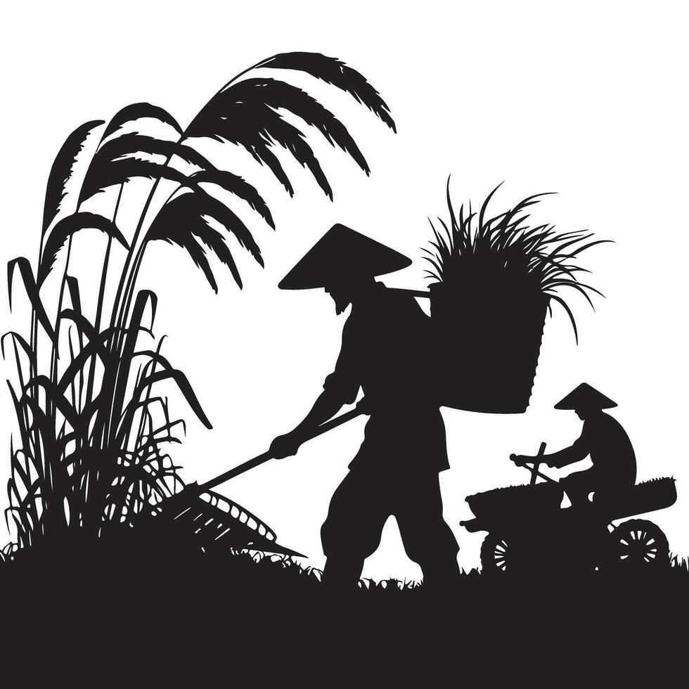 Farmers Silhouette Working on Rice Field with Traditional Equipment vector