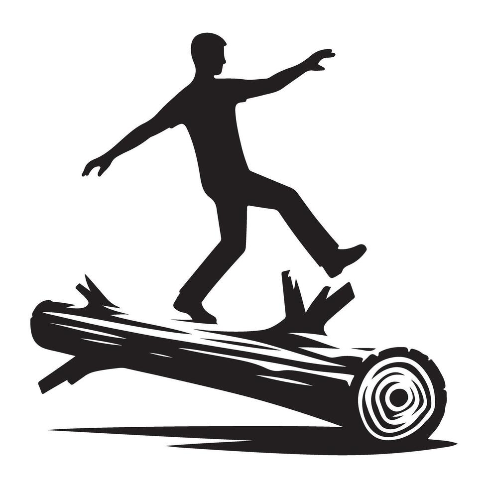Man balancing on log silhouette illustration in forest design vector