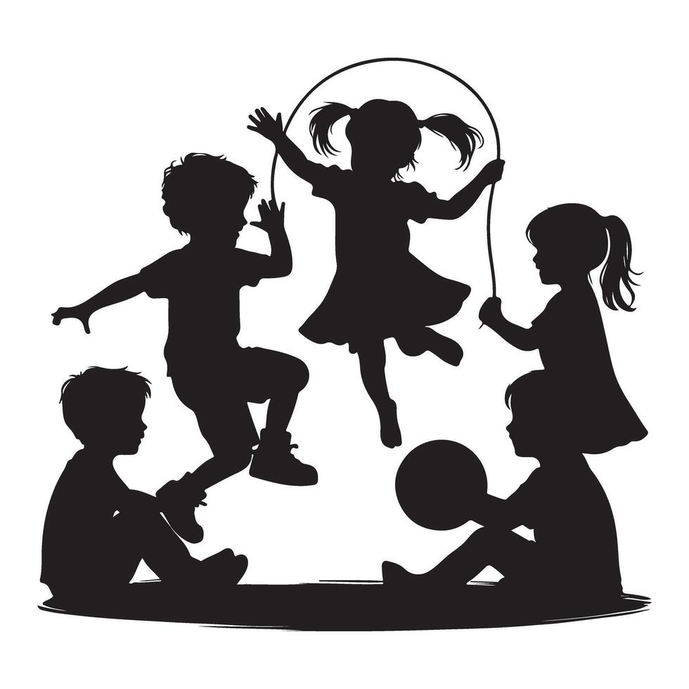 Silhouette Children Playing Together Illustration Happy Activity vector