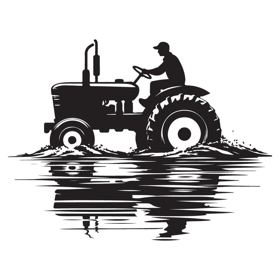 Tractor Silhouette Driving Through Water Plowing Farming Illustration vector