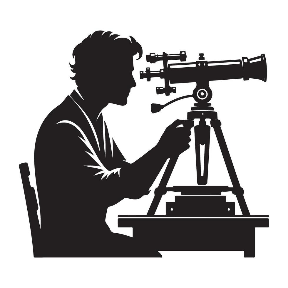 Silhouette of an astronomer observing stars through telescope illustration vector