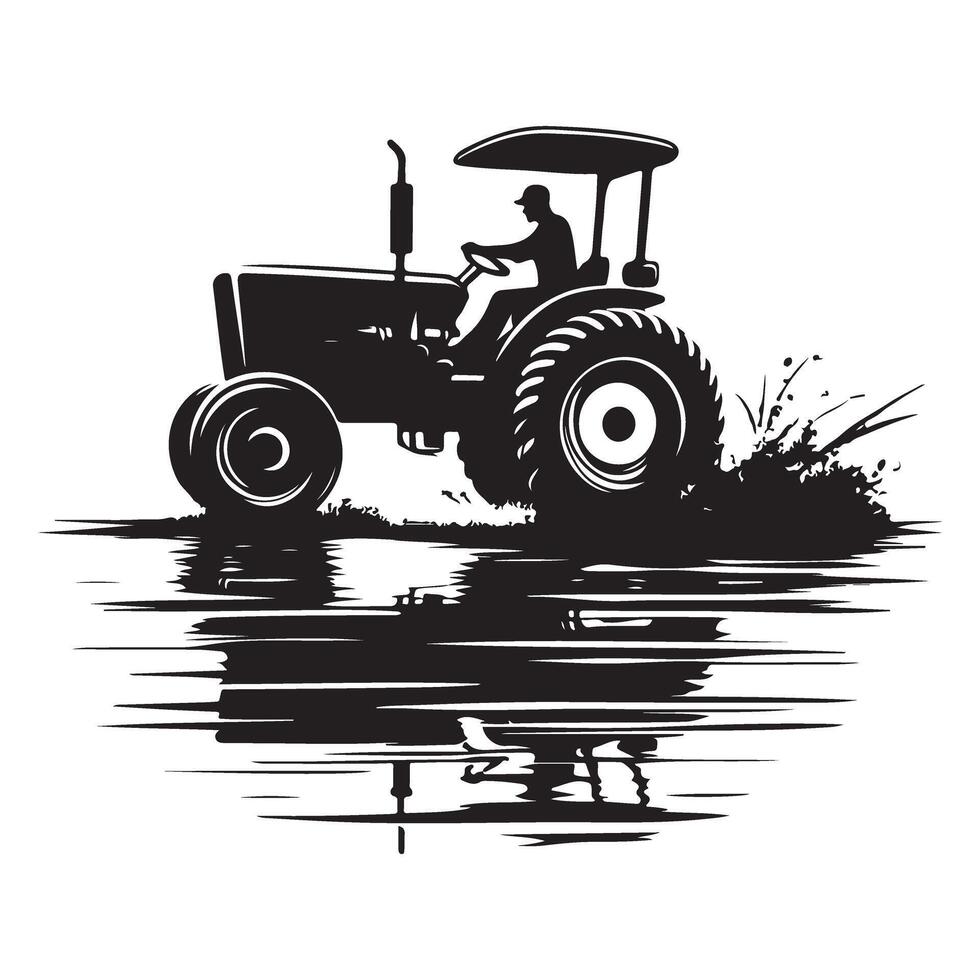 Silhouette Tractor Plowing Field Image for Agricultural Farming Business vector