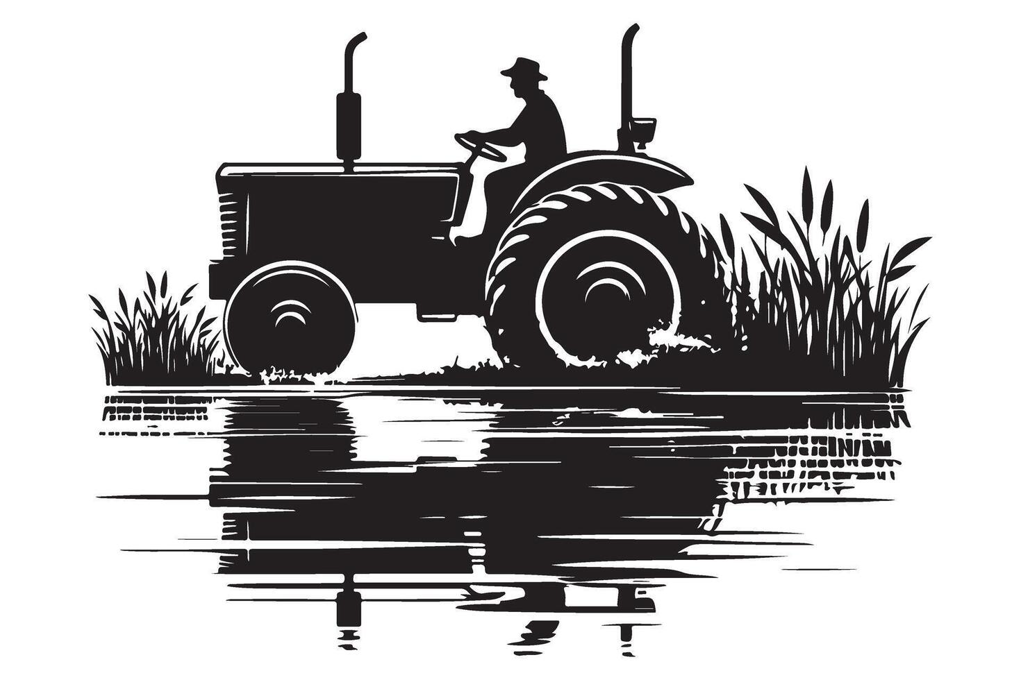 Tractor on Water Illustration Silhouette Agricultural Farming Scene Design vector