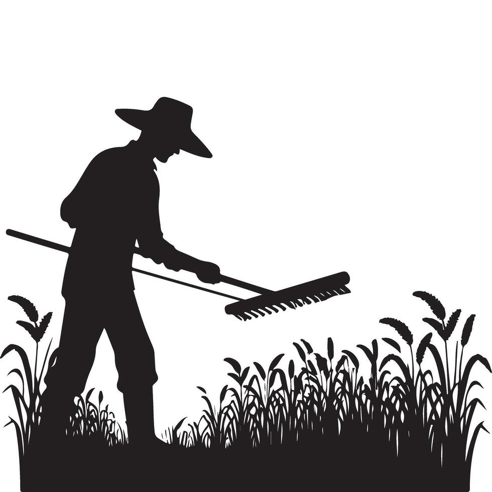 Farming Silhouette Illustration Man Raking Field Harvesting Crops vector