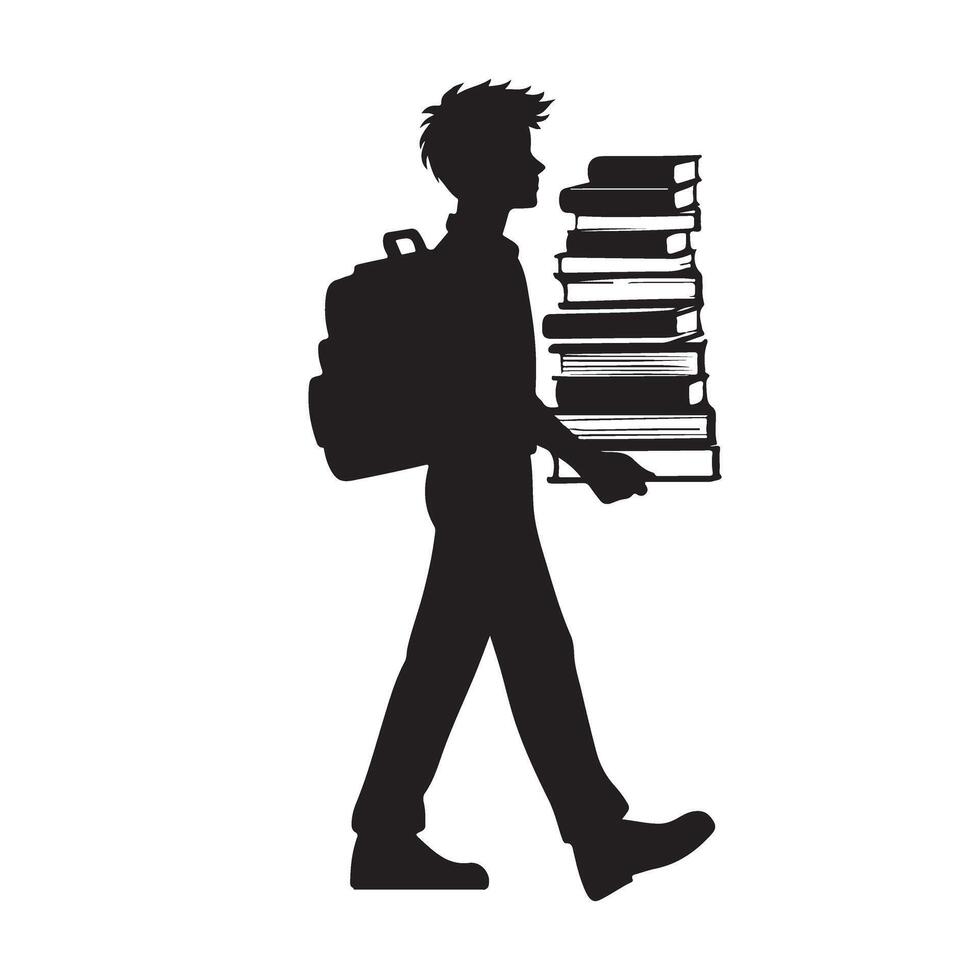 Silhouette Student Carrying a Stack of Books Illustration vector