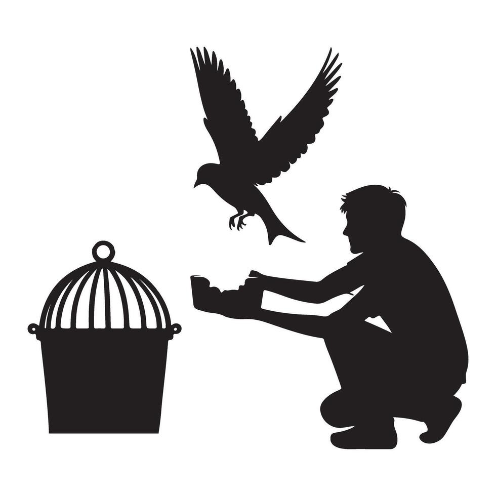 Boy releasing bird from cage silhouette illustration vector