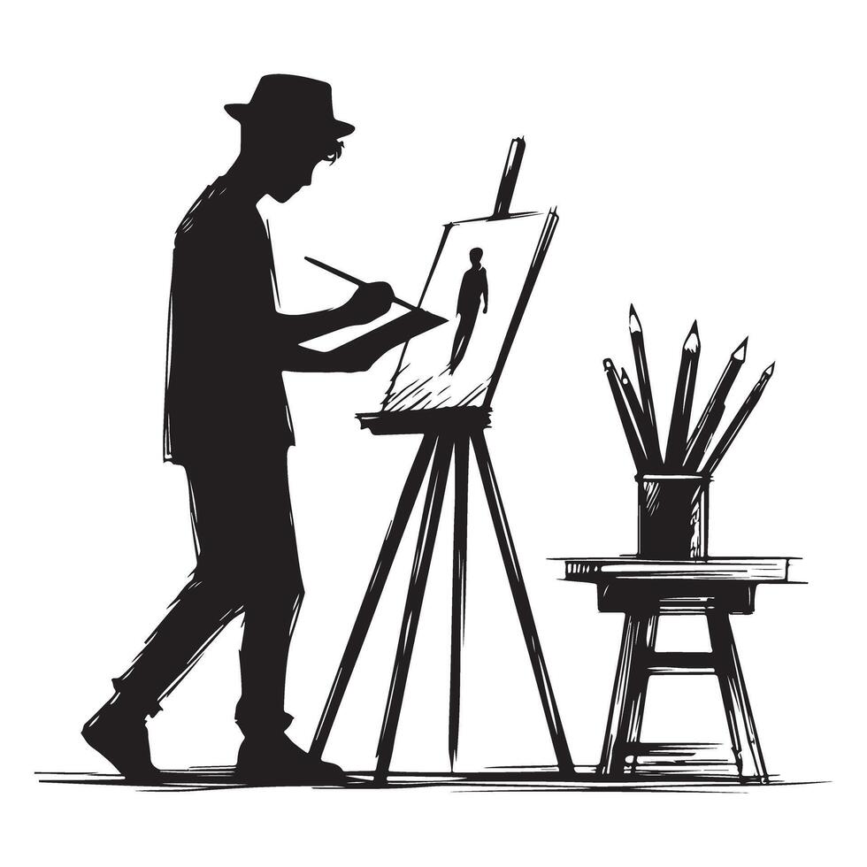 Silhouette Artist Painting Portrait on Easel with Brushes Image vector