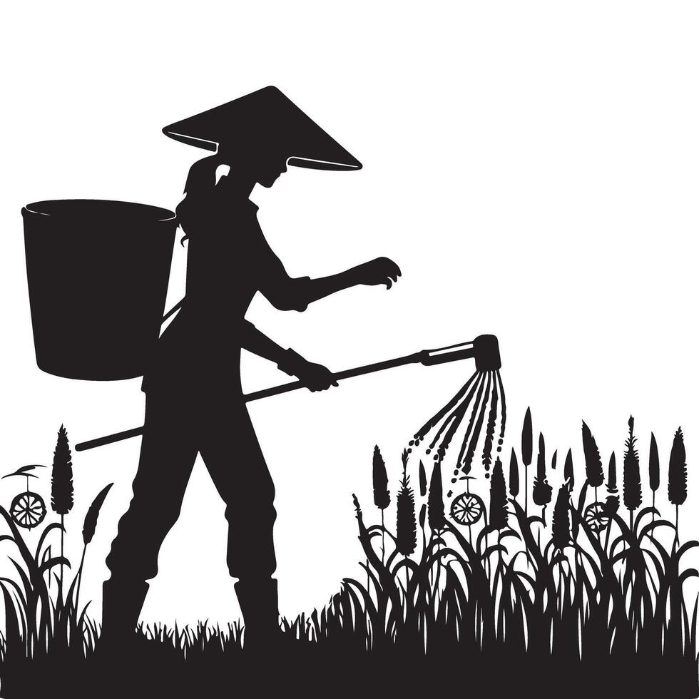 Farmer working in field irrigation silhouette illustration vector