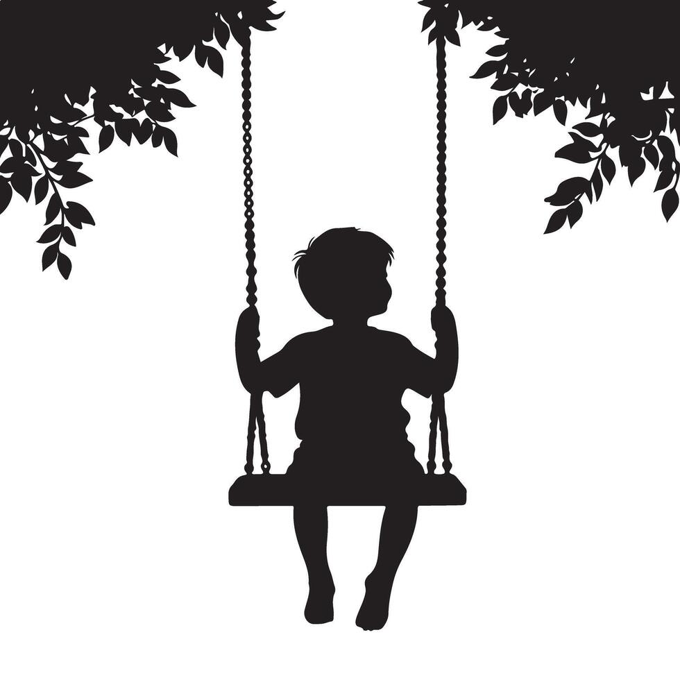 Child Silhouette on a Swing Beneath Tree Branches a Serene Moment vector
