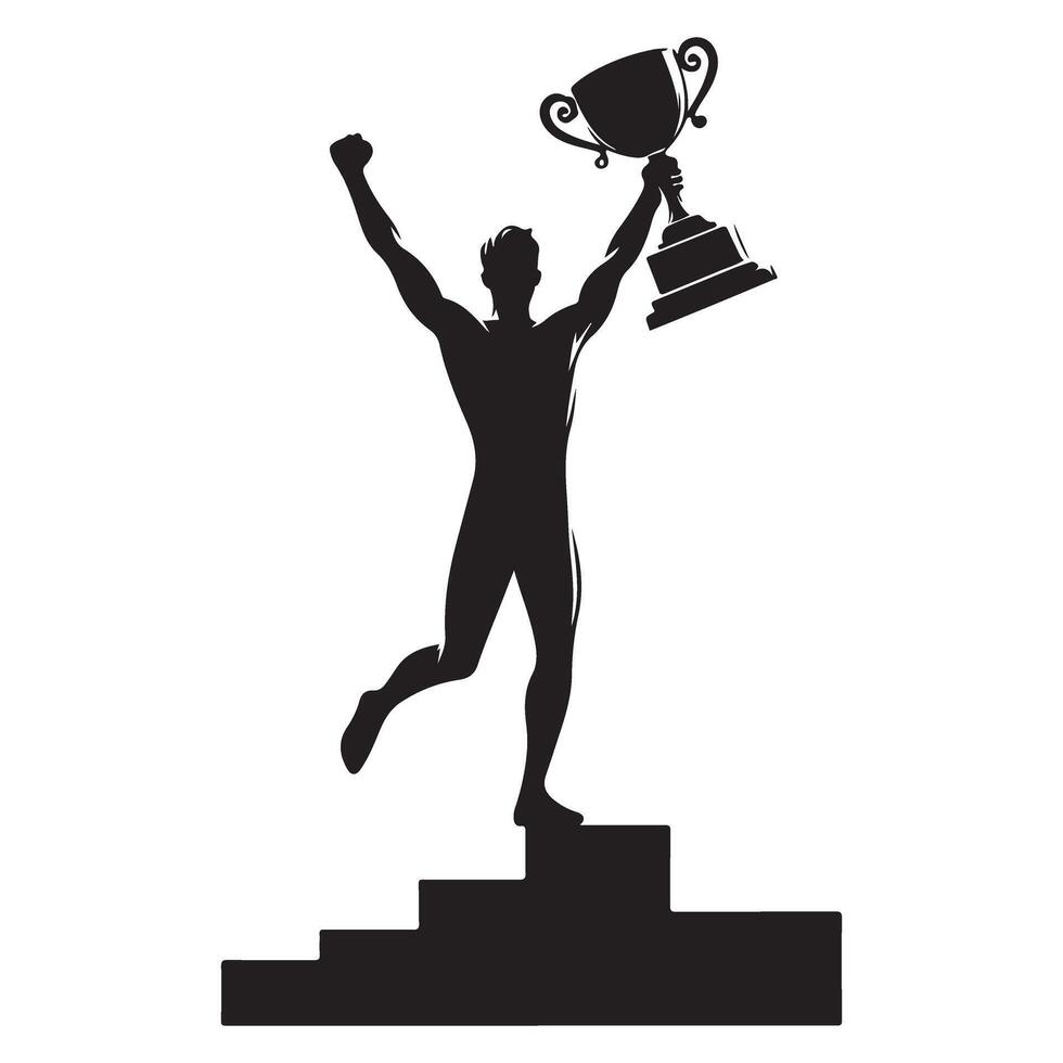 Silhouette champion holding up trophy on winners podium celebration vector