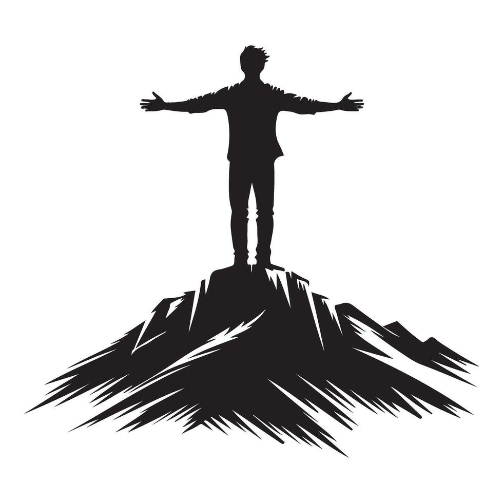 Silhouette of A Person on Mountain Top Conquering Fears Illustration vector