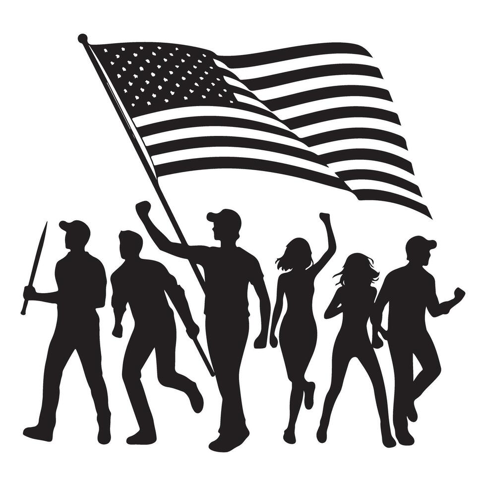 Patriotic Silhouette People Protesting with American Flag Image vector