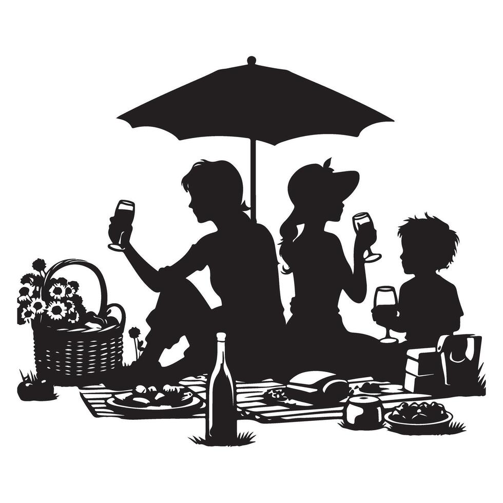 Silhouette illustration family enjoying picnic with umbrella and food vector
