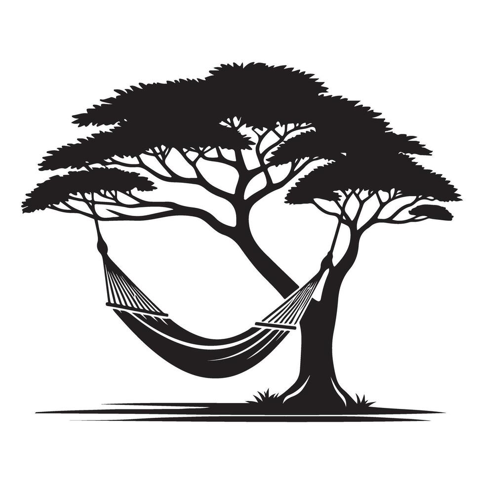 Relaxing under a tree hammock silhouette illustration vector