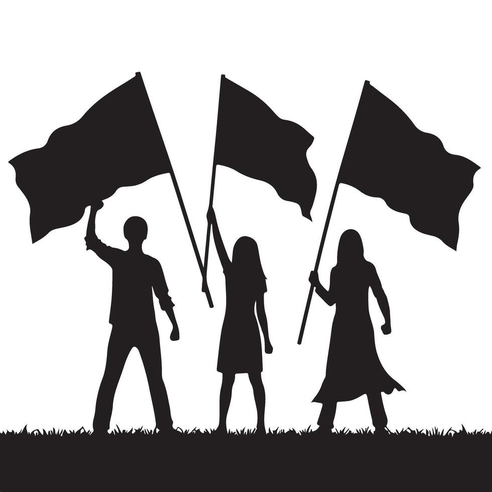 Silhouetted Crowd Holding Flags High in Powerful Protest Rally vector