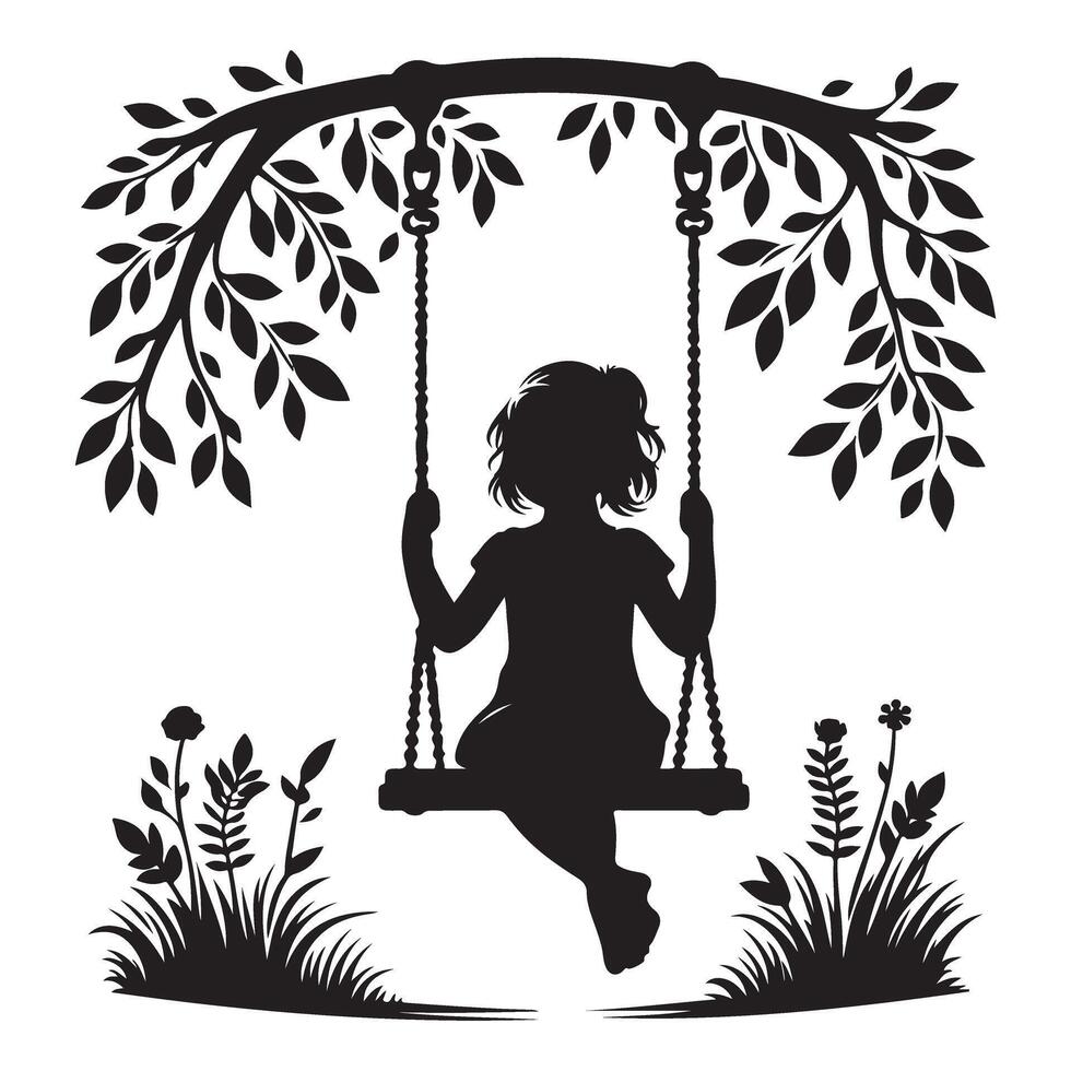 Silhouette Child on Swing Hanging from Tree Branch Fun Playtime vector