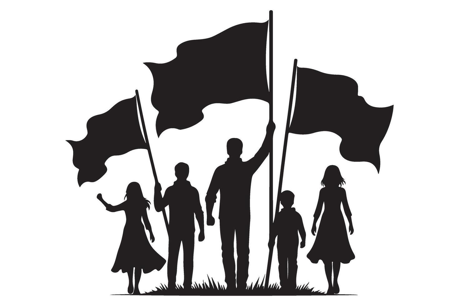 Group of people holding flags silhouette illustration vector