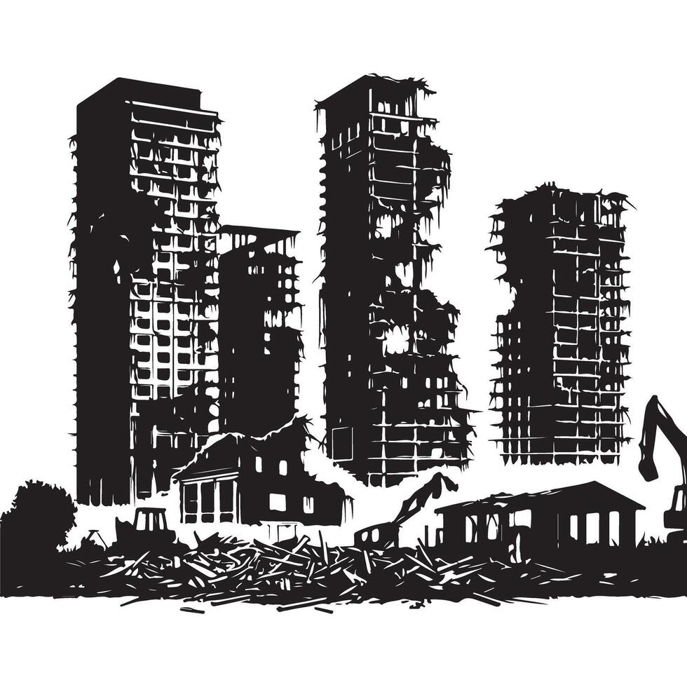 Demolished buildings destruction ruins silhouette illustration template vector