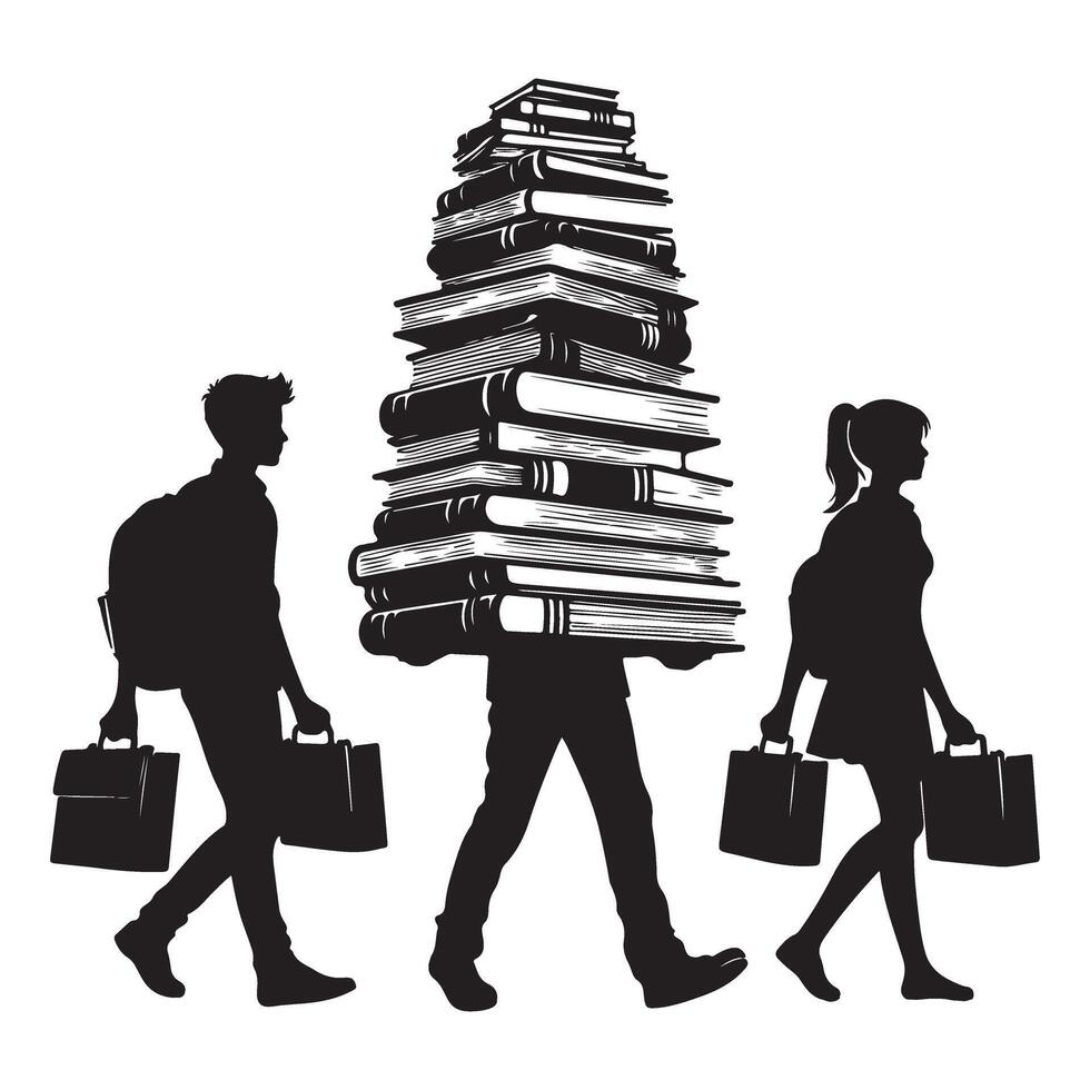 Overwhelmed Student Silhouette Carrying Huge Stack of Books Illustration vector