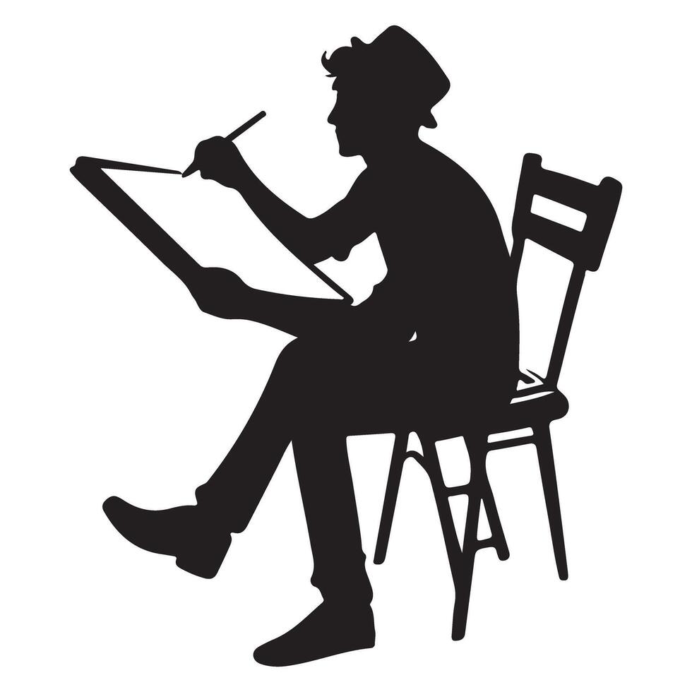 Silhouette Artist Drawing on Easel Painting Scenery in Detailed vector