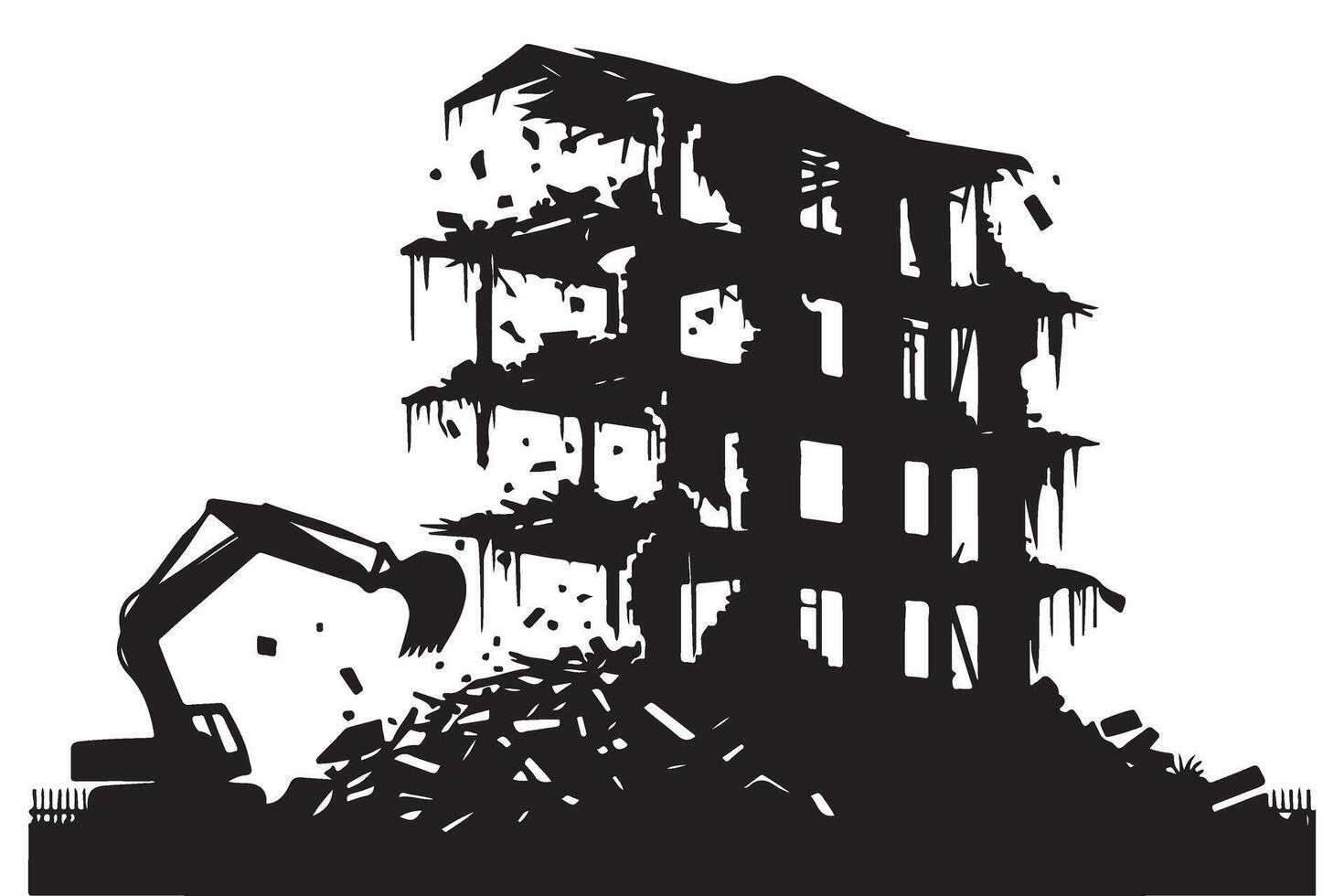 Silhouette Construction Demolition with Excavator Ruining Building Detailed vector