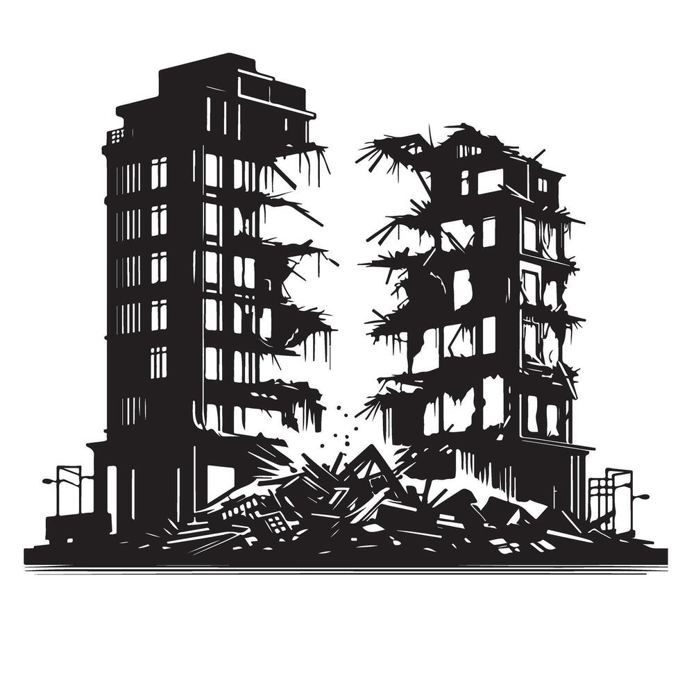 Ruined Building Silhouette Destruction and Aftermath Disaster Illustration vector